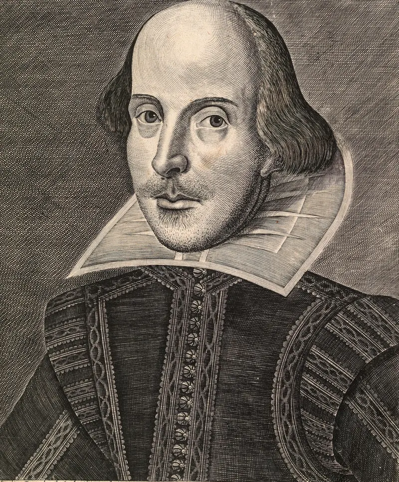 Title page of the First Folio (1623): Mr. William Shakespeares Comedies, Histories, and Tragedies, with the Droeshout portrait engraving