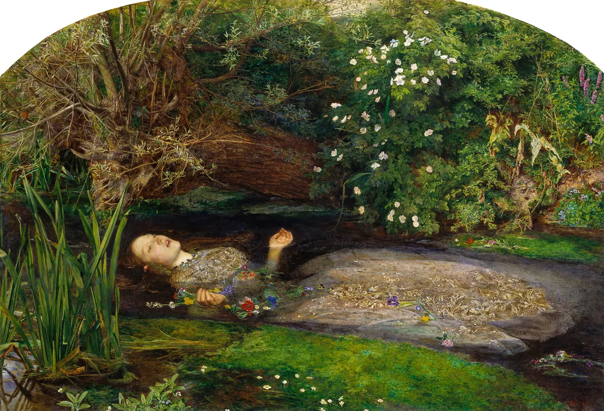 Ophelia by John Everett Millais (1851–52), showing Ophelia floating in a stream surrounded by flowers, oil on canvas