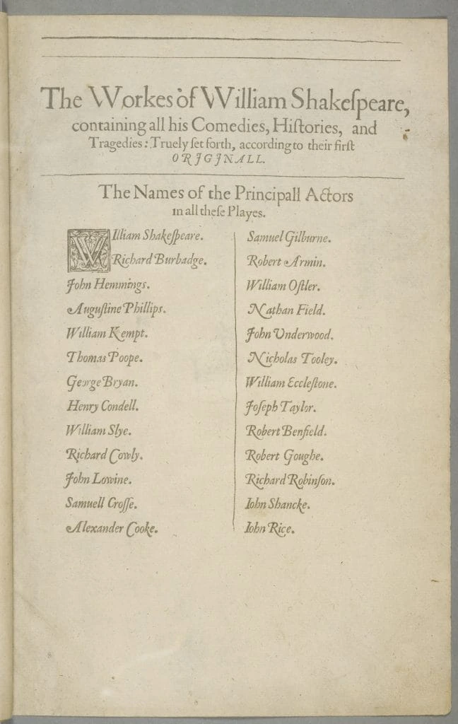 The Names of the Principall Actors page from the First Folio (1623), with William Shakespeare listed first, followed by Richard Burbadge, John Hemmings, Henry Condell and others