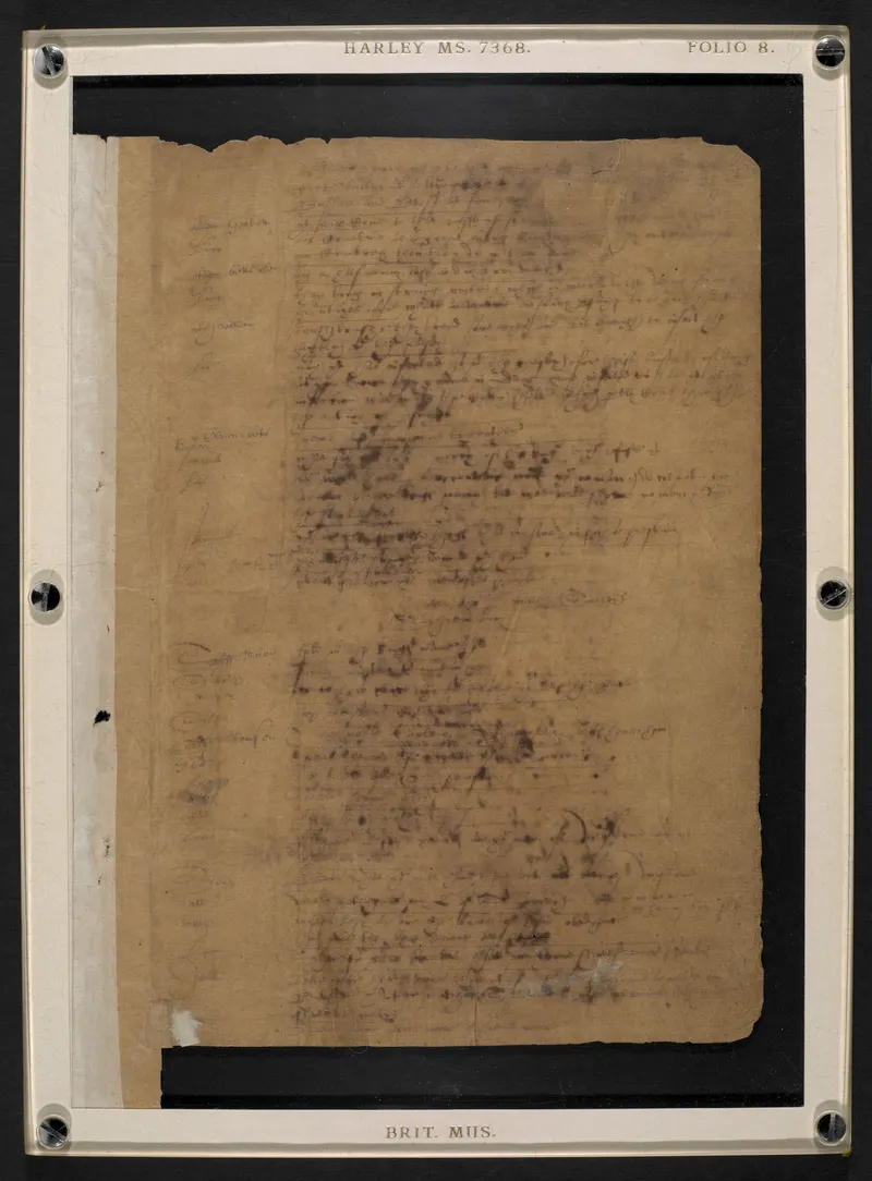 Folio 8 recto of the Sir Thomas More manuscript (Harley MS 7368), showing three pages of text attributed to Shakespeare's handwriting, known as Hand D